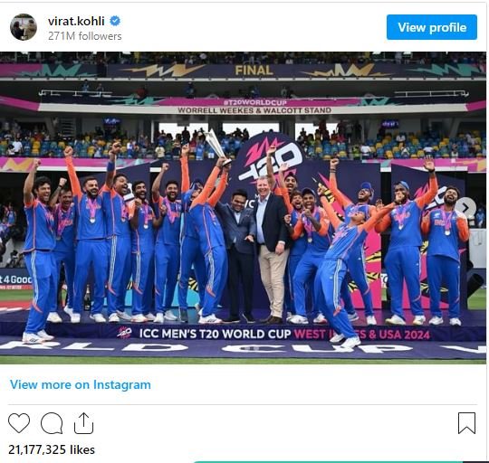 Virat Kohli’s T20 World Cup Instagram Post Breaks Asian Records, Surpasses Bollywood Couple’s Milestone